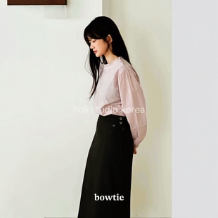 东大门代购 长袖 bowtie 衬衫 圆领领口百褶设计 新款 韩国代购