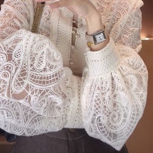 薄款 微透露肤洋气法式 珍珠排扣外套早秋 蕾丝衬衫 高级感白色灯笼袖