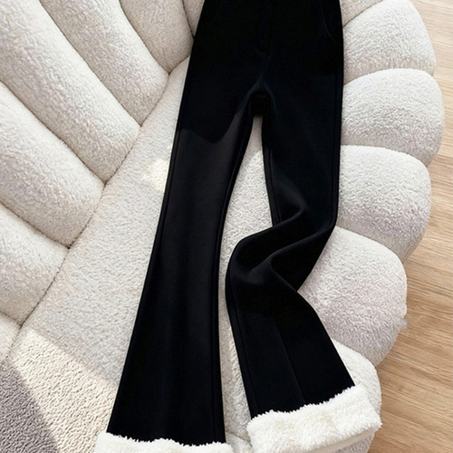 黑色毛边微喇阔腿裤女2025冬季新款高腰显瘦加厚窄版直筒休闲长裤