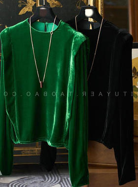 上身时髦气质UP 轻奢显贵垫肩真丝丝绒小圆领短款上衣R08022