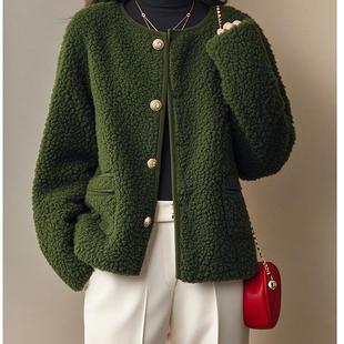 外套小个子 洋气百搭绿色摇粒绒羊羔毛短款 专柜撤回新款 高级感时尚
