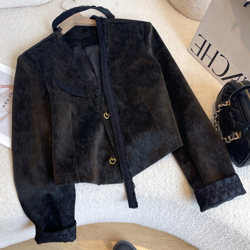 商场撤柜黑色PU皮衣西装外套女新款韩版休闲蕾丝花边V领亮面西服
