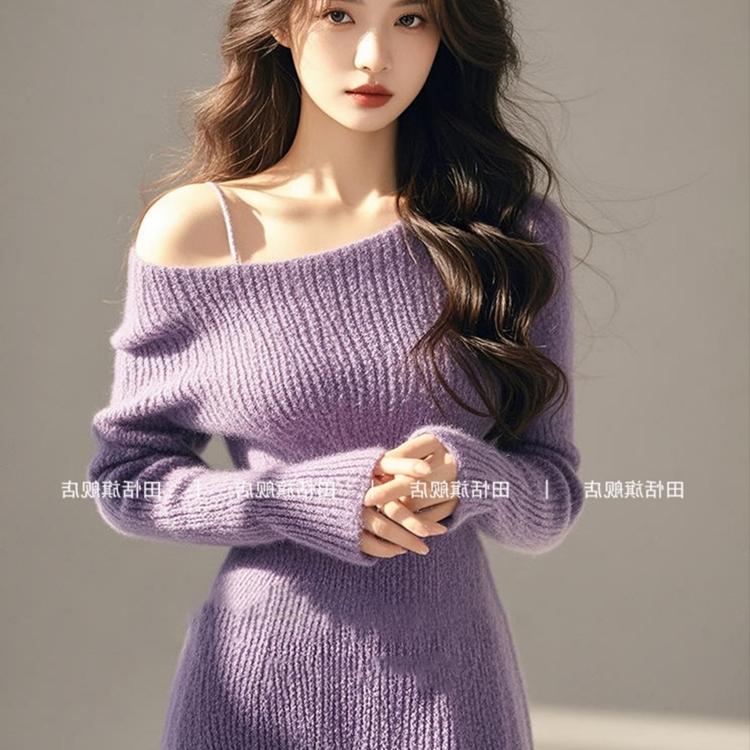 初秋氛围感穿搭正式场合气质裙子小香风高端精致紫色一字肩连衣裙