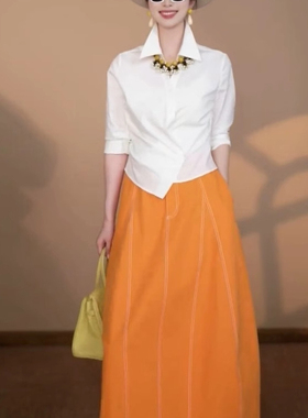 商场撤柜夏装一整套大方得体多巴胺穿搭橘色裙子女士休闲职业套装