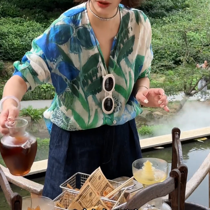 夏装轻熟风法式宽松气质高级感时尚绿色印花雪纺衬衫薄款长袖上衣