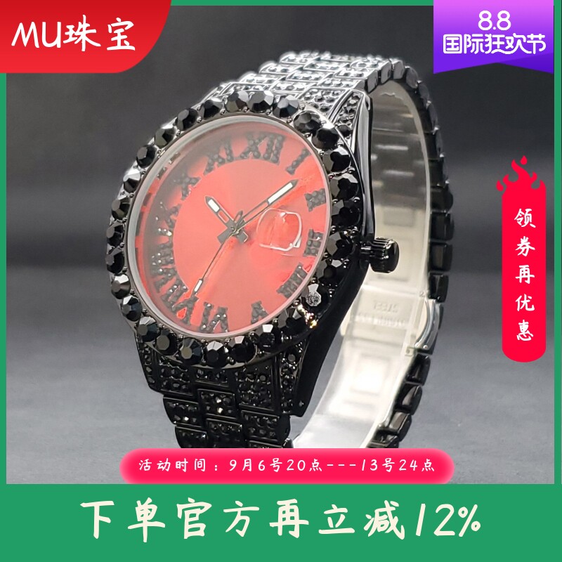 新款 跨境高端时尚大气罗马满钻表盘日历防水夜光男士女士手表