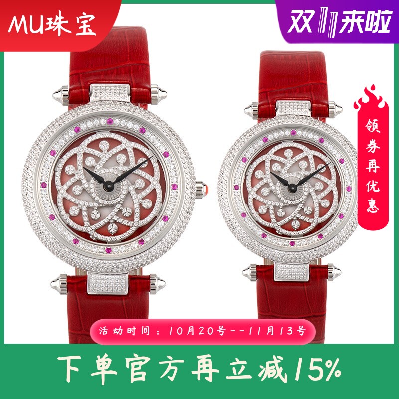 新款时尚满钻真皮女士手表镶钻转盘石英表防水皮带瑞士机芯情侣表