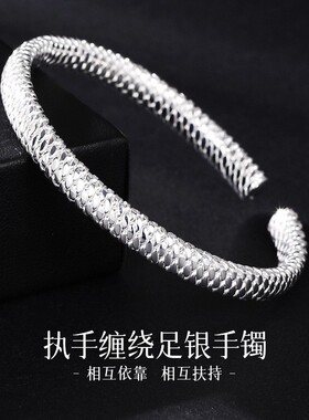 新款足银手镯女扭绳弹簧开口编织纯银镯子麻花礼物送女友