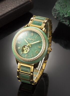 新品翡翠机械表镂空透底手表镶钻和田玉石情侣手表礼品