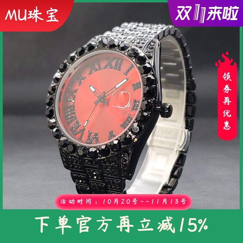 新款 跨境高端时尚大气罗马满钻表盘日历防水夜光男士女士手表