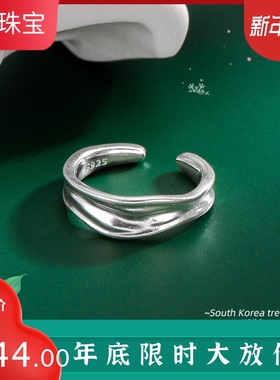 新款韩版S925纯银不规则流线戒指女韩式复古简约肌理感指环银饰品