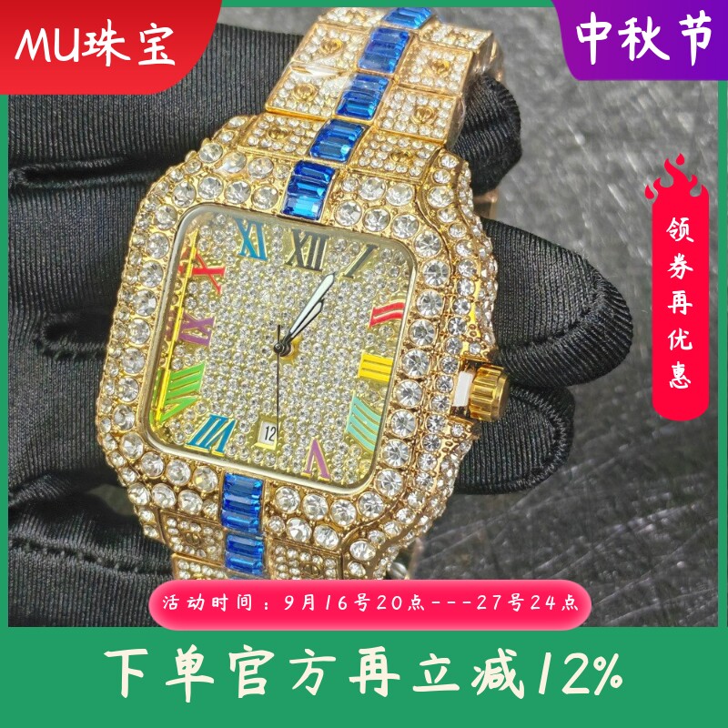 新款镶钻手表豪华手表爆款嘻哈手表满钻石英男士手表金表