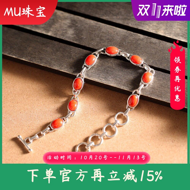 S925银镶嵌红色宝石手链简约民族风个性轻奢手饰纯银