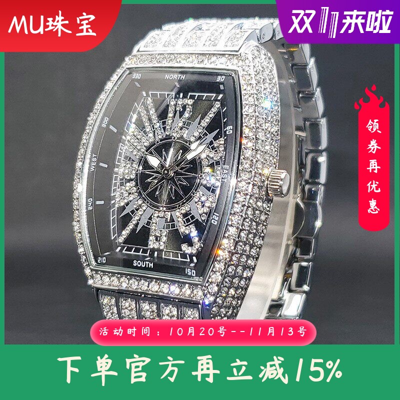 新款爆款满钻嘻哈怪异数字男士手表酒桶形黑盘帅气说唱石英手表