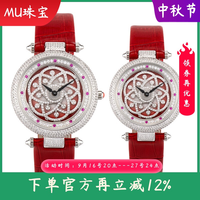 新款时尚满钻真皮女士手表镶钻转盘石英表防水皮带瑞士机芯情侣表