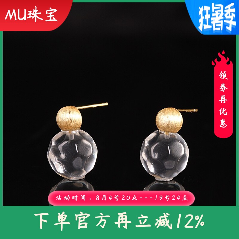新款s925纯银天然白水晶纯净体切面耳坠时尚风镀金拉丝女耳环