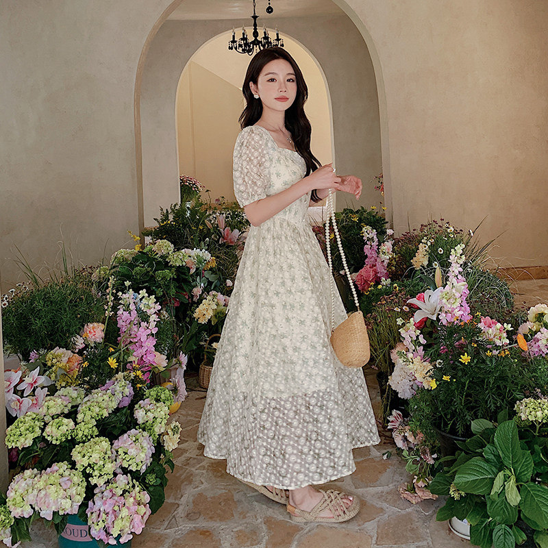 茶歇法式方领雪纺绿色碎花连衣裙女夏2025新款仙气超仙森系长裙子,女装连衣裙,浙宝268（原浙宝222）