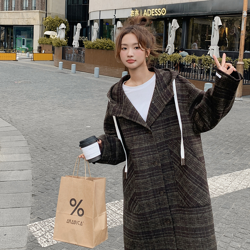 韩系学院风格子中长款双面羊绒大衣女秋冬设计感斗篷连帽毛呢外套，女装毛呢外套，浙宝268（原浙宝222）
