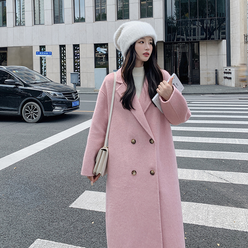 粉色双面羊绒大衣女2024秋冬新款韩系甜美气质中长款羊毛毛呢外套，女装毛呢外套，浙宝268（原浙宝222）