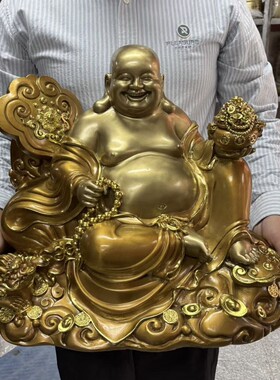 店铺摆放纯铜茶金色高38*48厘米如意金蟾聚宝盆大肚弥勒佛摆件