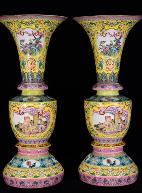 独特收藏回流瓷乾隆年制款珐琅彩花园锦绣西洋人物大花觚花瓶一对