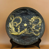 新年奉献书房客厅摆放老件纯紫铜浮雕鎏金龙凤呈祥瑞中堂盘子摆件