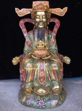 书房佛堂店铺供奉纯铜景泰蓝掐丝珐琅彩官帽如意捧元宝财神大摆件