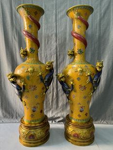 独特收藏景泰蓝金色掐丝珐琅彩浮雕三龙戏珠带底座大花瓶摆件一对