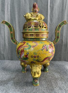 独特收藏纯铜景泰蓝掐丝珐琅龙凤呈祥象盖朝冠耳三足大薰香炉摆件