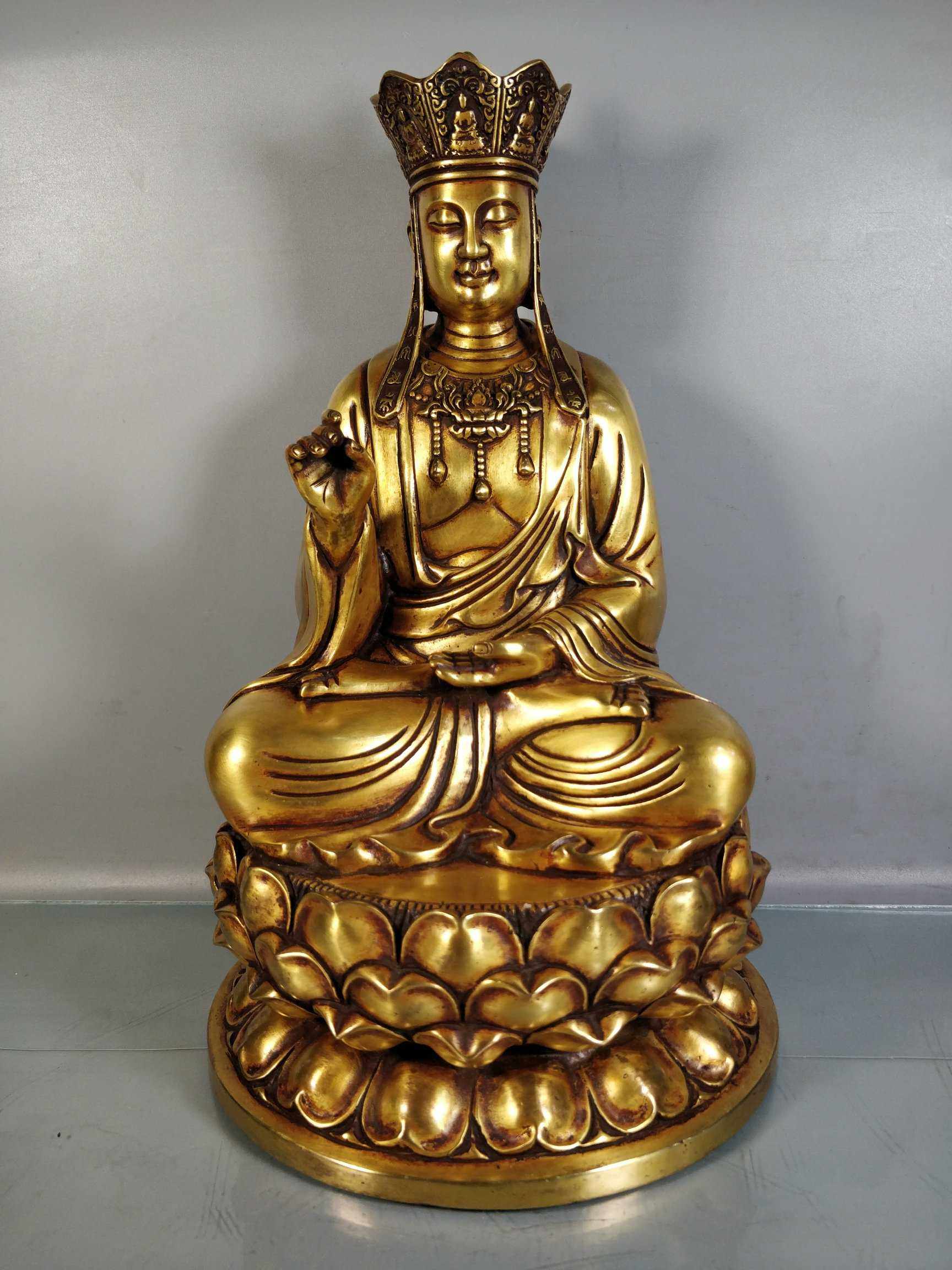 书房佛堂供奉老件纯铜紫铜鎏金坐佛莲花座地藏菩萨金像摆件
