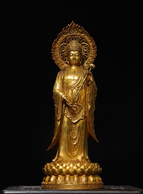 独特收藏精品纯铜浮雕鎏金带背光站莲花宝座大势至菩萨大摆件