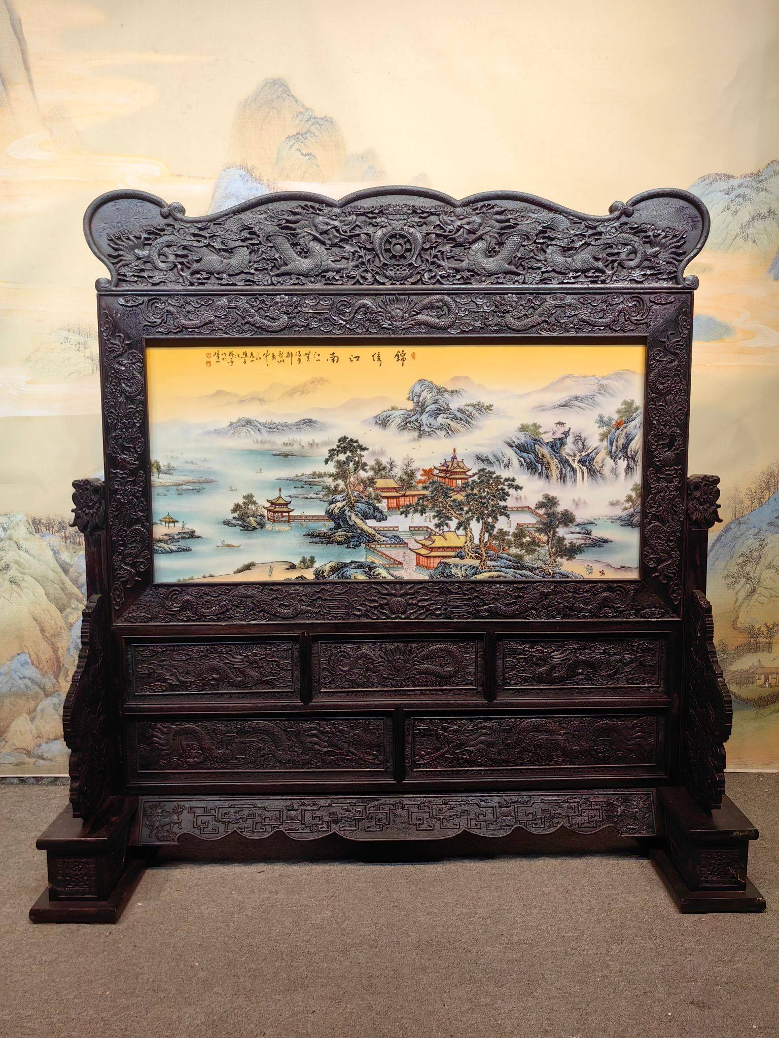 老件紫檀木雕龙图祥瑞镶粉彩瓷板画汪野亭作品锦绣江南大屏风摆件