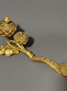 老件旧藏纯紫铜全鎏金精工浮雕连生贵子莲花莲子如意薰香炉摆件