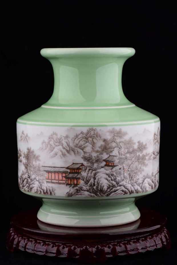 民国时期官窑瓷器王云泉绘豆青釉墨彩高士访友图山水尊瓶摆件