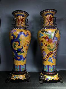 独特收藏景泰蓝精工掐丝珐琅高50厘米龙凤呈祥带底座花瓶摆件一对