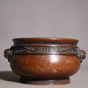 老件纯紫铜正德年制款 浮雕錾刻金鱼满堂双狮耳香炉摆件重量2470克