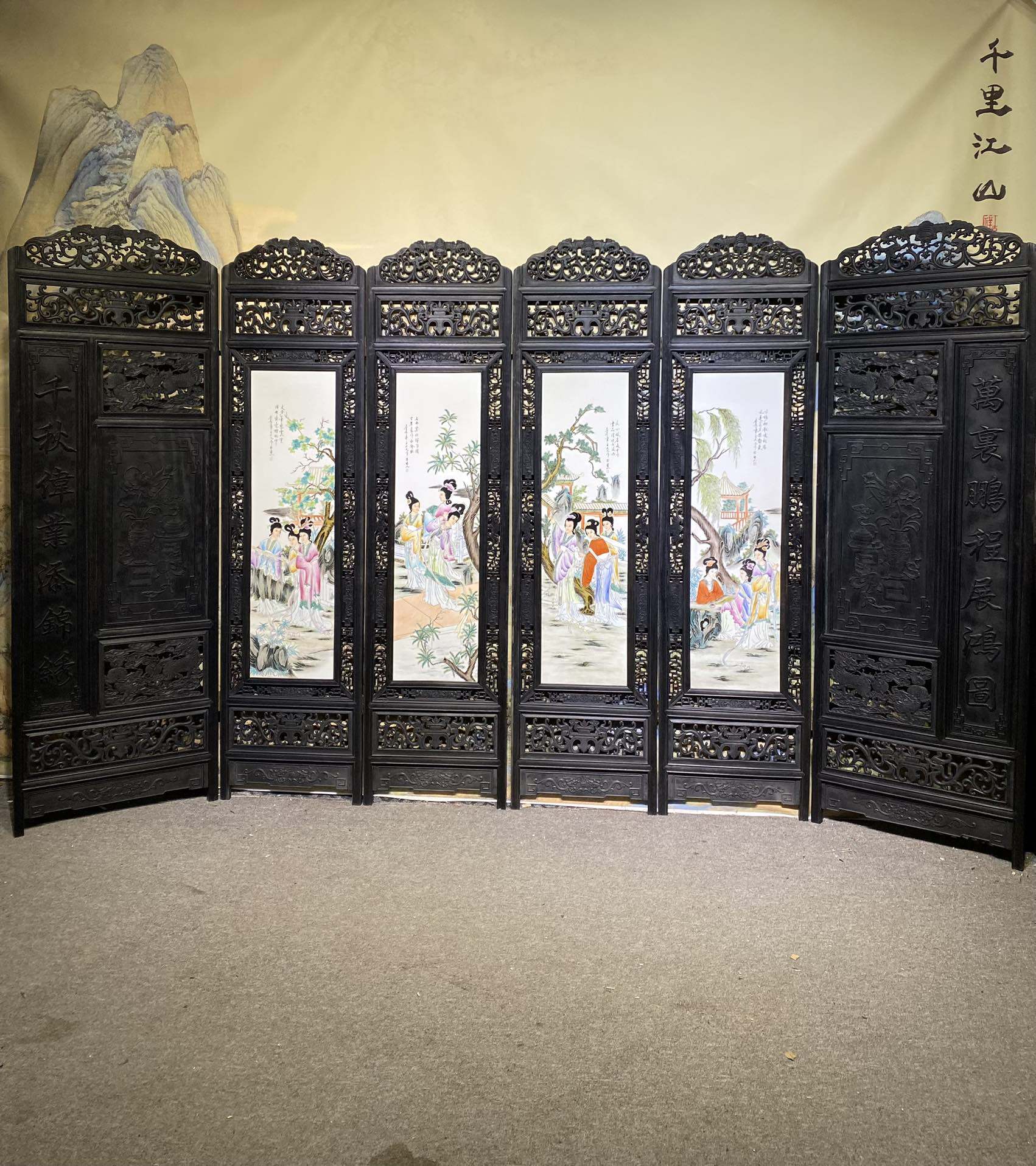 老件木框手绘粉彩瓷板画王大凡作品十二金钗六折落地折叠屏风一套
