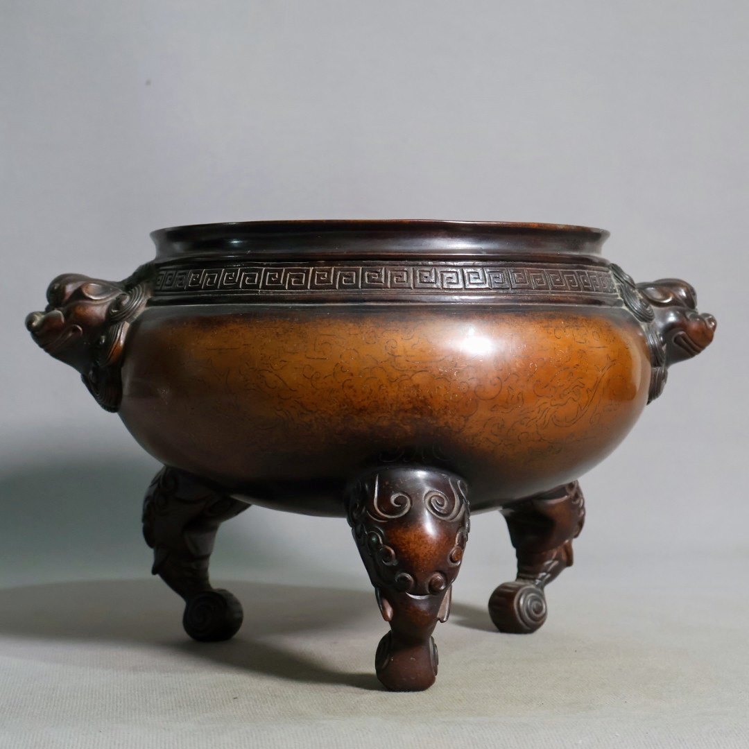早期收藏老件纯紫铜掐银丝宣德年制吉祥如意狮耳三腿大香炉摆件