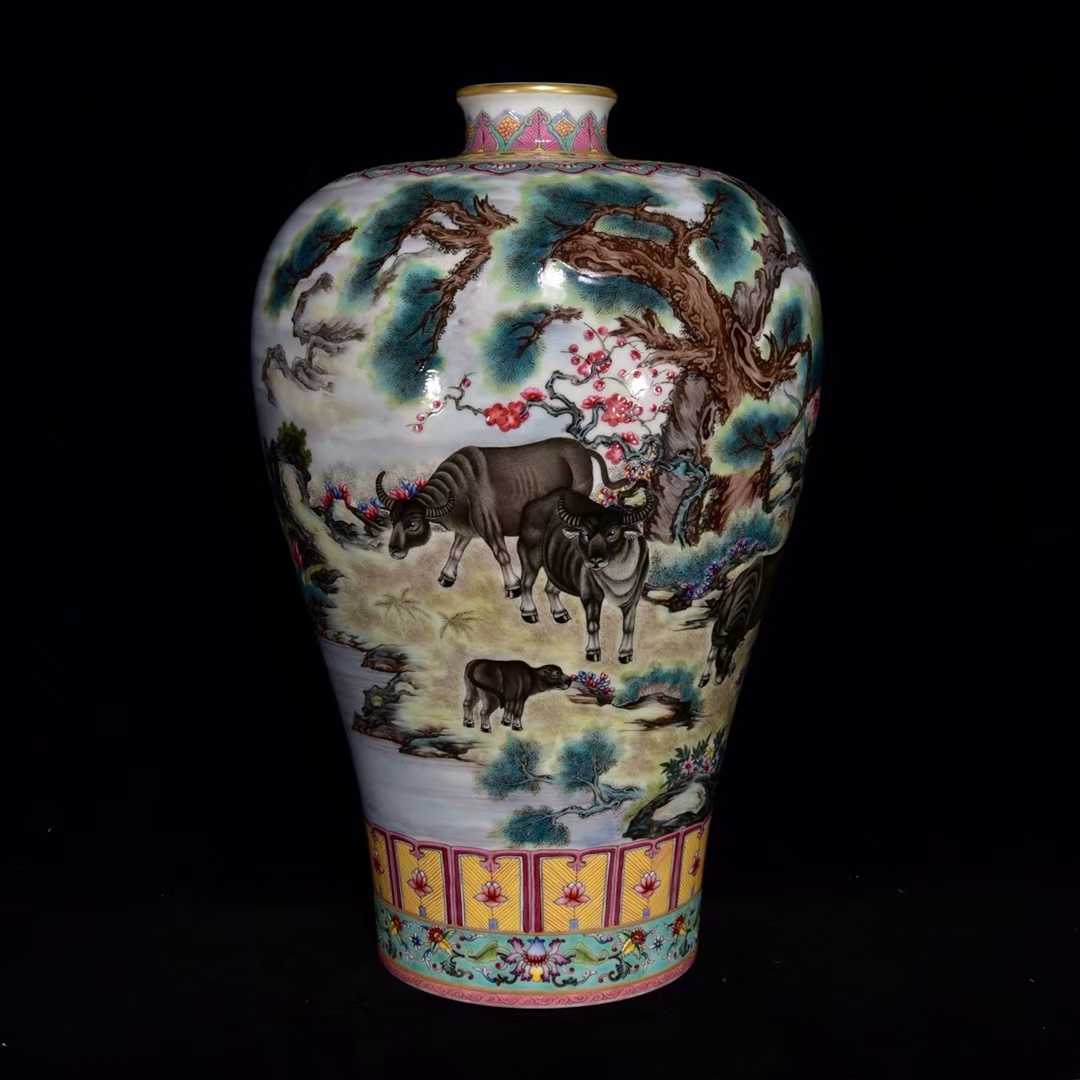 书房客厅摆放雍正款粉彩瓷五牛祥瑞题字纹梅瓶摆件高36.5×23cm