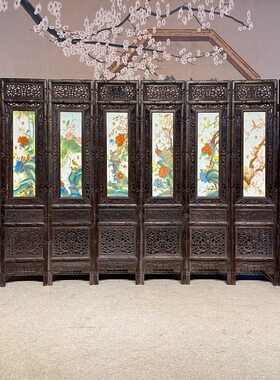 老件檀木框镶手绘掐丝珐琅彩瓷板画富贵花鸟图八扇折叠大屏风一套