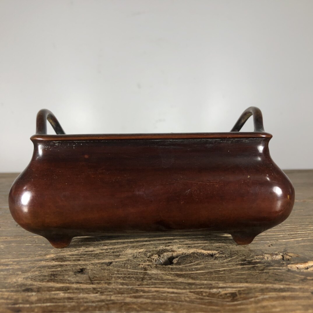 早期收藏老件纯紫铜琴书侣款福气满满桥耳乳钉四足马槽炉摆件