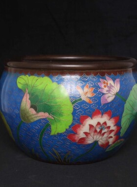 独特收藏老件纯铜景泰蓝蓝色掐丝珐琅彩莲花富贵荷叶缸炉摆件