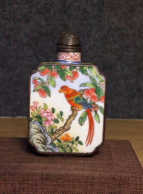 独特收藏老件纯铜景泰蓝画珐琅彩姹紫嫣红花鸟鼻烟壶摆件重75克