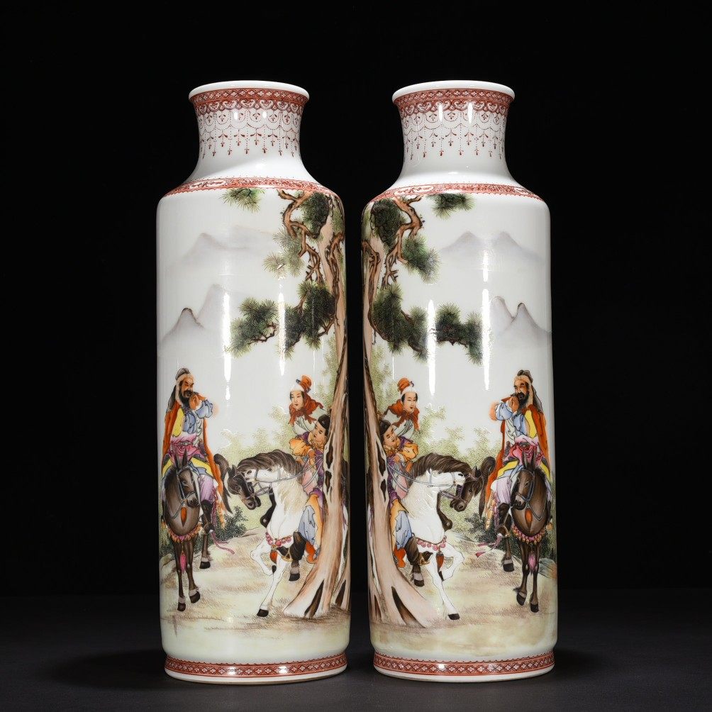 书房客厅摆放珠山八友王琦作品粉彩瓷风尘三侠花瓶摆件一对