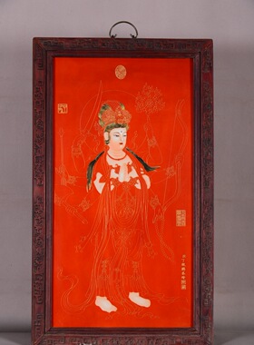 独特收藏老件木框红底金丝珐琅彩瓷板画合掌观音菩萨唐卡壁挂挂板