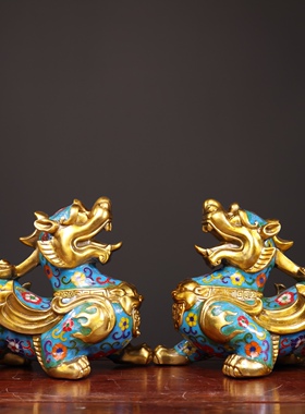 独特收藏精品景泰蓝鎏金掐丝珐琅财富世家瑞兽貔貅文案摆件