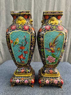 独特收藏景泰蓝掐丝珐琅高44*17厘米鸟语花香带底座四方花瓶一对