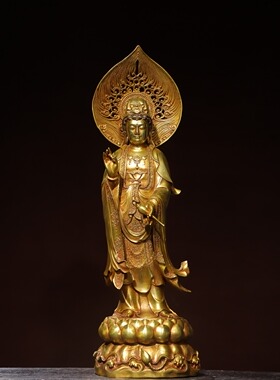 独特收藏精品纯铜浮雕鎏金带背光站莲花宝座观音菩萨大摆件