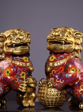 独特收藏纯铜景泰蓝红色掐丝珐琅鸿运盈门瑞兽门狮摆件一对5250克