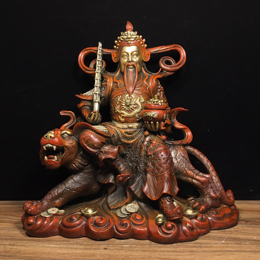 书房佛堂供奉老件纯紫铜鎏金鎏银武财神骑虎赵公明摆件重5510克